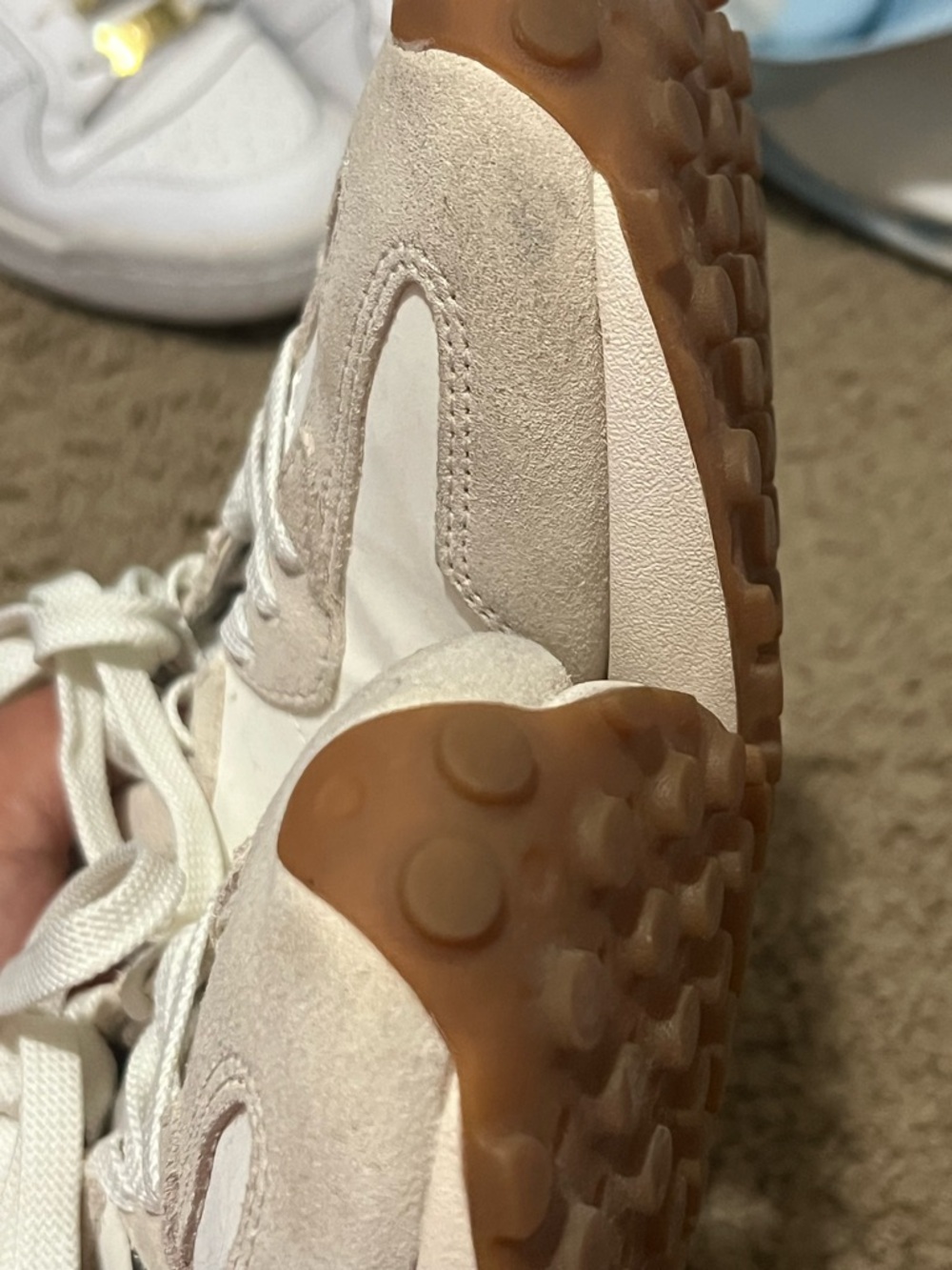 Used twice, New Balance Beige & Olive Retro Runner Sneakers - Picture 6 of 9